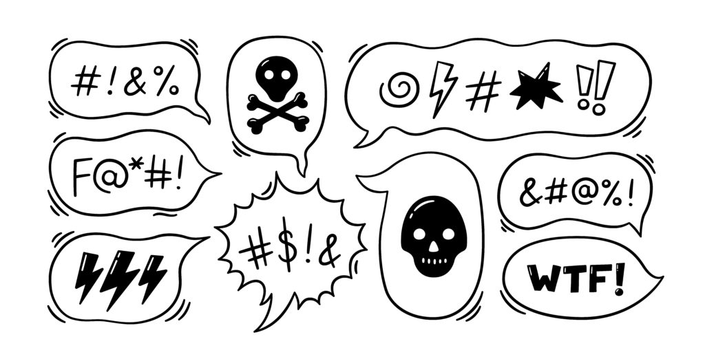 several different speech bubbles with characters meant to imply profanity and malicious intent