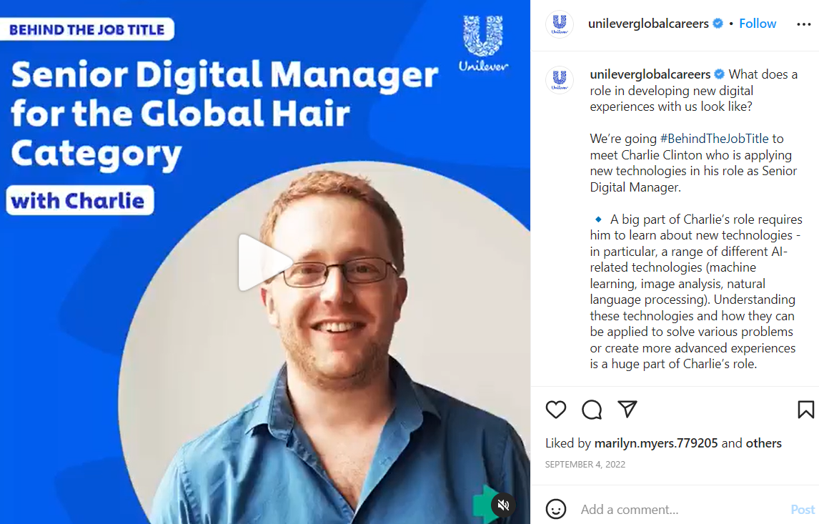 instagram post about unilever's employee senior digital manager for the global hair category