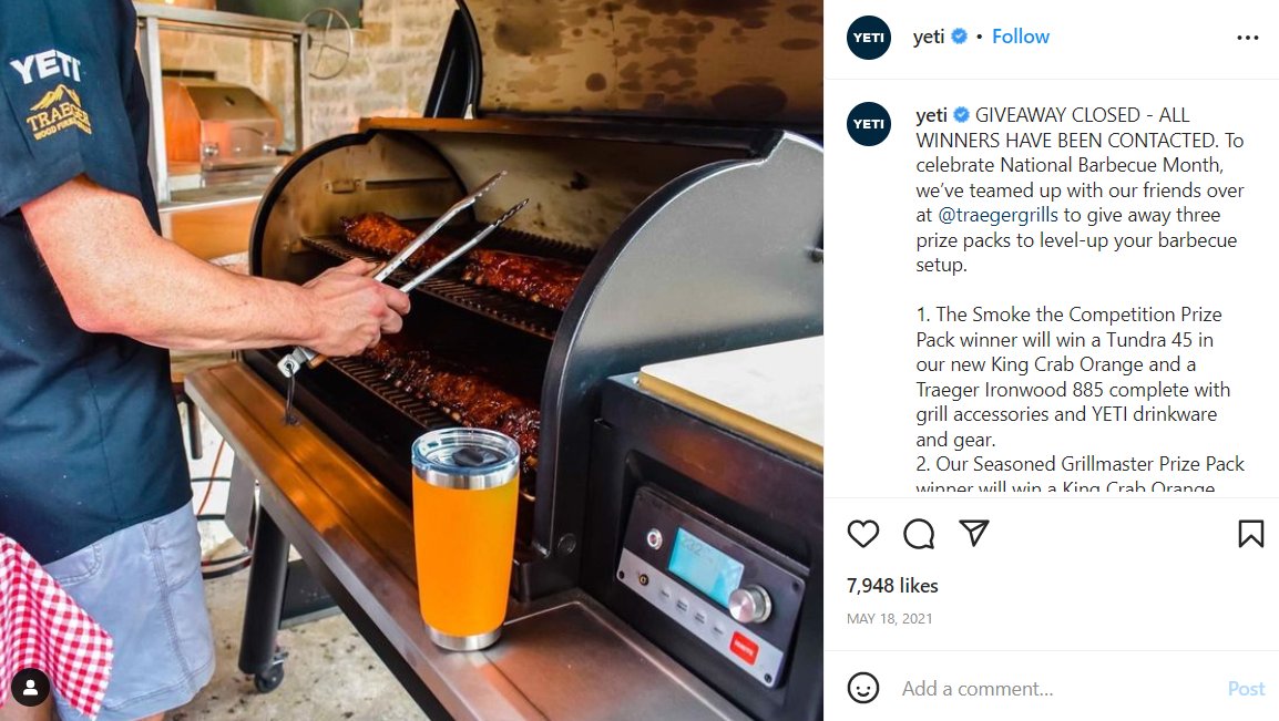 instagram post about a competition ran by the brand Yeti