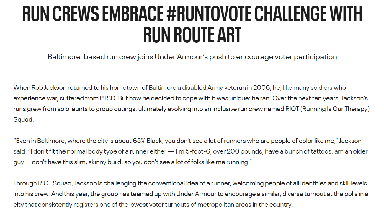 image from UnderArmor's website about their #runtovote campaign